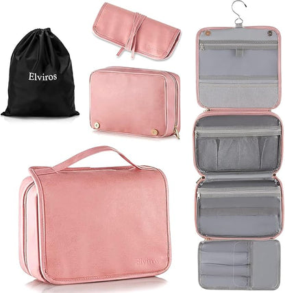 Elviros Hanging Travel Toiletry Bag for Women,3-in-1 Large Makeup Bag and Cosmetic Organizer,Vegan Leather Waterproof Skincare Case for Travel Size Toiletries and Accessories,Gift for Women