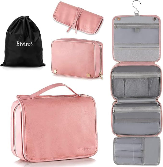 Elviros Hanging Travel Toiletry Bag for Women,3-in-1 Large Makeup Bag and Cosmetic Organizer,Vegan Leather Waterproof Skincare Case for Travel Size Toiletries and Accessories,Gift for Women
