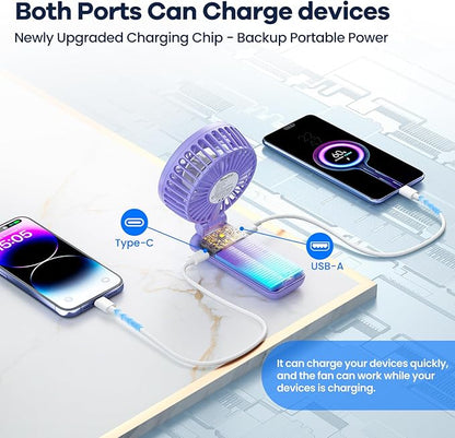 HandFan Upgraded Handheld Fan, 5 Speeds Strong Airflow Hand Fan [Max 27 Working Hours], 180° Foldable Compact Design Personal Fan Handheld with Portable Power for Travel/Disney/Concerts/Women (Purple)