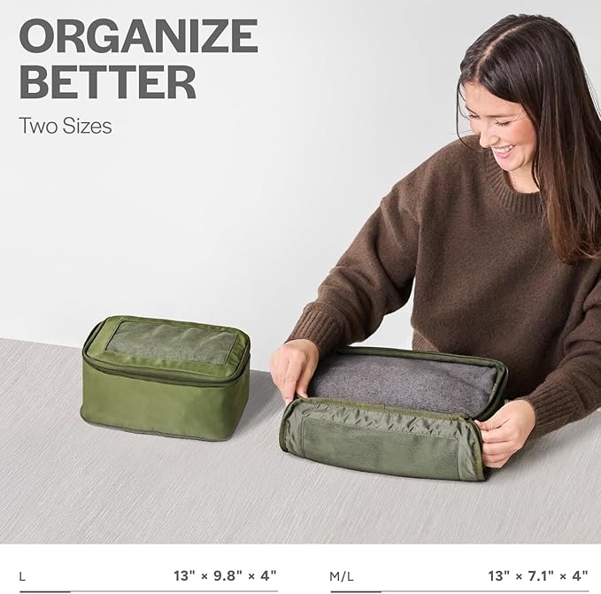 Aerotrunk Compression Packing Cubes for Travel - Luggage Organizer Bags - Double Zipper Packing Cubes for Suitcases (2-Pack, Olive)