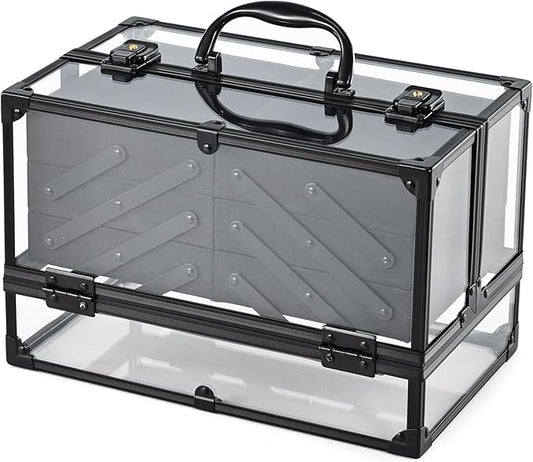 FRENESSA Portable Makeup Case Cosmetics Display Cases Toiletry Organizer Box Transparent Acrylic Artists Train Case with 6 Trays Travel Makeup Tools Storage for Vanity Counter Dresser Organizer Black