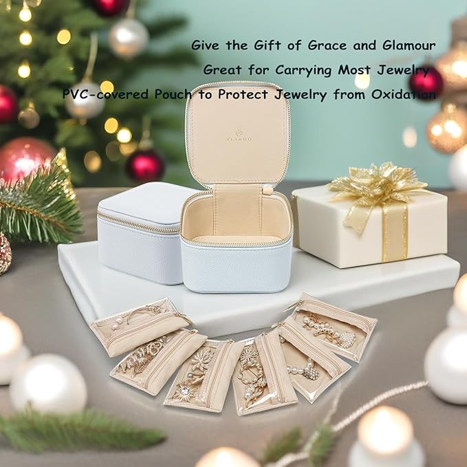 Vlando Travel Jewelry Box Organizer - 6 Small Velvet Zipped Pouches Pockets for Jewelries Necklaces Rings Earrings Sorting Storage, Baby Blue