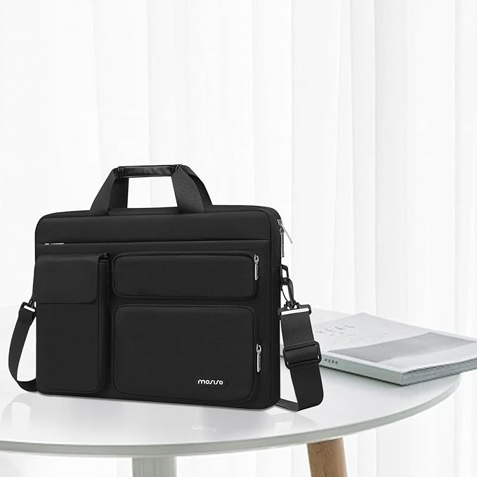 MOSISO Laptop Shoulder Bag 15.6 inch, 15-15.6 inch Computer Bag Compatible with MacBook Pro 16 inch, HP, Dell, Lenovo, Notebook with 2 Raised&1 Flapover&1 Horizontal Pocket&Handle&Belt, Black