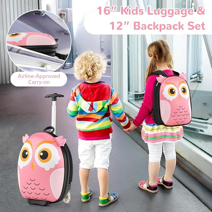 HONEY JOY Kids Luggage, 12” Children Hardshell Backpack & 16” Toddler Travel Rolling Suitcase, 2 Pcs Lightweight Carry On Luggage Set, Kids Luggage with Wheels for Girls & Boys(Pink Owl)