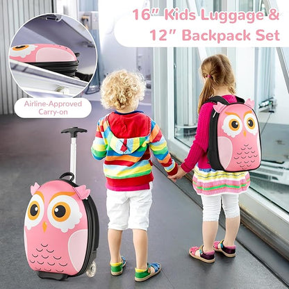 HONEY JOY Kids Luggage, 12” Children Hardshell Backpack & 16” Toddler Travel Rolling Suitcase, 2 Pcs Lightweight Carry On Luggage Set, Kids Luggage with Wheels for Girls & Boys(Pink Owl)