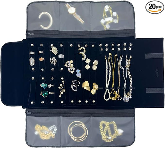 UnionPlus Velvet Travel Jewelry Case Roll Bag Organizer for Necklace Bracelet Earrings Ring, 6 PVC Pockets, Black Upgrade Version