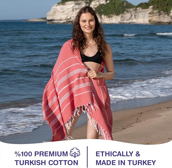 Turkish Beach Towels, Pack of 2 | Oversized, Quick Dry, Sand Free | 100% Cotton, Large 38x71 Towels for Beach, Pool, Travel | Ultra-Soft, Compact, and Absorbent | Red