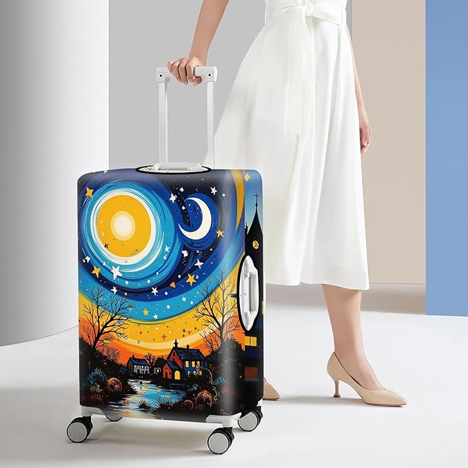 Starry Night Luggage Cover – Artistic Travel Suitcase Protector with Moon and Village Landscape Design, Elastic Washable Luggage Cover for 28''–30'' Suitcase,L