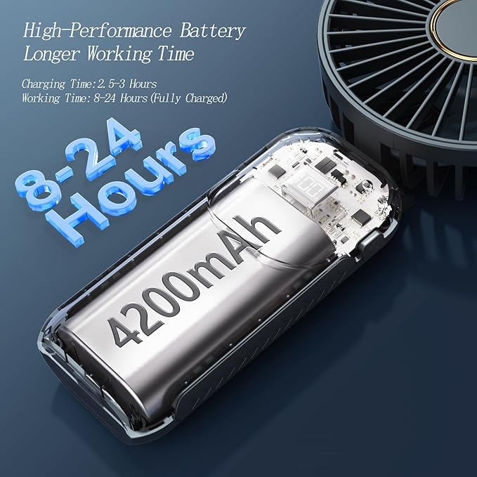 Portable Fan, 4200mAh Battery Operated Fan, 5 Speeds&Digital Display, Makeup Fans for Women with Base, 180°Foldable 3in1 Handheld/Neck/Desk Fan for Outdoor Indoor,Ultra Quiet (Black white)