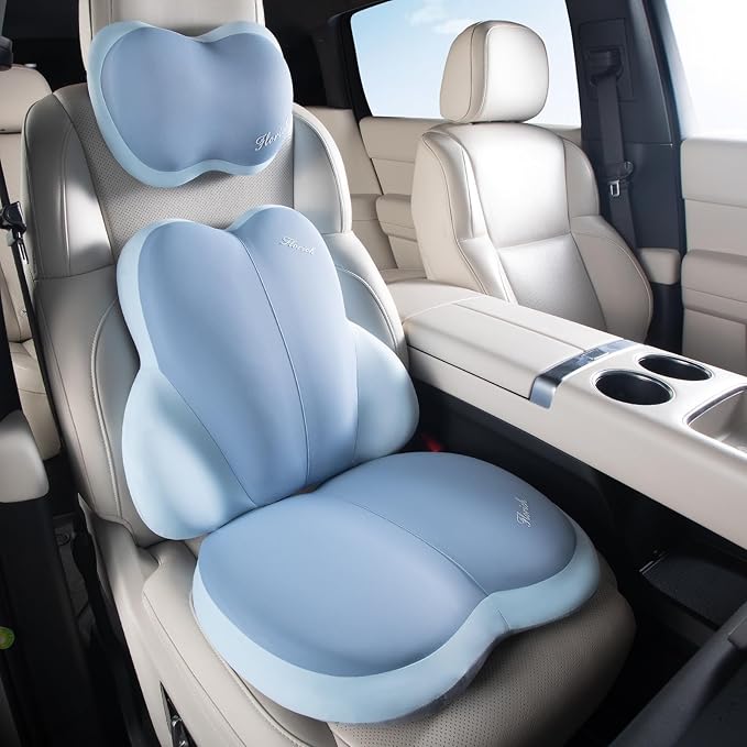 FLORICH 3 PCS Seat Cushion for Carseat Lumbar Support Pillow Car Neck Headrest Pillows Ultrathick Memory Foam Seat Pads Pressure Relief Back Cushion for Office Chair(Blue)