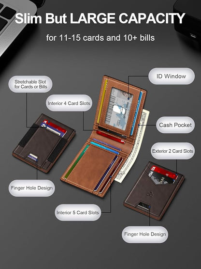 Wallet for Men Slim Leather Wallets for 13-17 Cards, RFID Blocking Thin Card Holder Wallet with ID Window & Large Capacity Cash Slot, Minimalist Bifold Small Wallet for Front Pocket, Gift for Men
