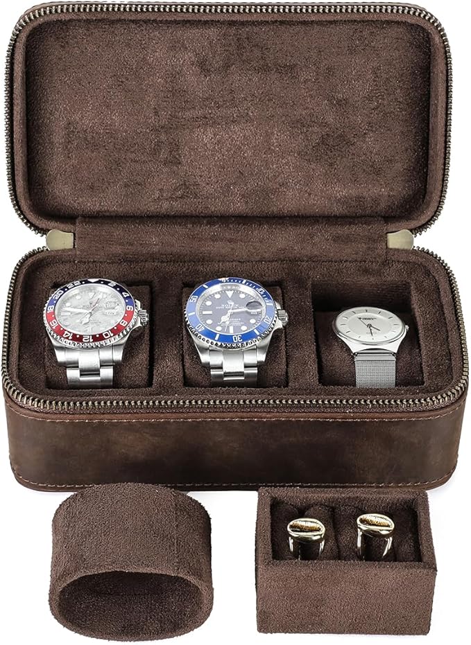 CONTACTS Watch Case Cufflinks Box for Men Small Luxury Leather Jewelry Storage Organizer for 2 Watches with Cufflinks Ring Pad