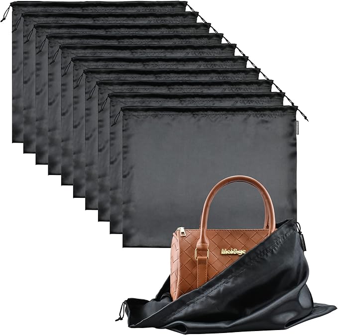 10 Pack Dust Bags for Purses and Handbags, Silk Dust Cover Storage Bag with Drawstring Travel Storage Pouch for Handbag Purse Shoes Boots (Black, 23.6 × 19.6 in)