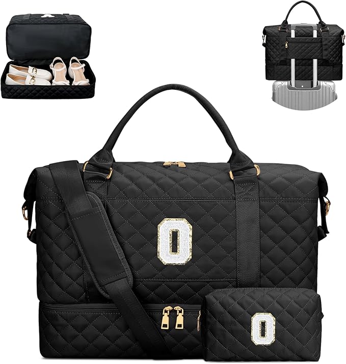 Gifts for Women Girls Birthday Christmas Initial Travel Duffle Bag Quilted Weekender Bags Carry-On Overnight with Cosmetic Bag, Hospital Bag for Women Labor Delivery, Black O