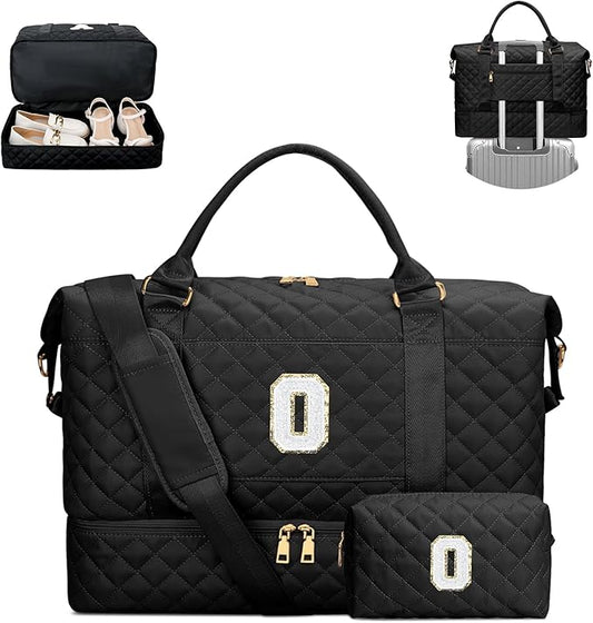 Gifts for Women Girls Birthday Christmas Initial Travel Duffle Bag Quilted Weekender Bags Carry-On Overnight with Cosmetic Bag, Hospital Bag for Women Labor Delivery, Black O