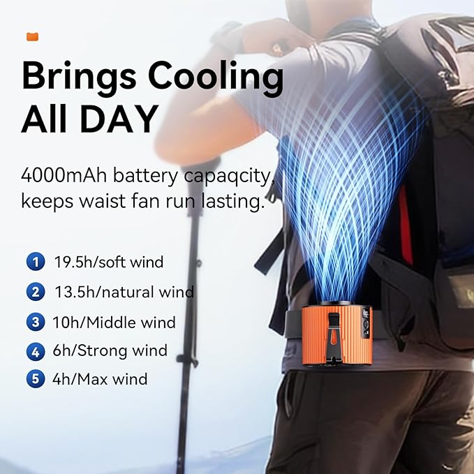 Portable Fan,Rechargeable Waist Fans,11000RPM Strong Airflow Mini Wearable Belt Fan,5 Speed,Personal Clip Waist Fans for Outdoor,Camping,Jobsite,Fishing,Travel (K20-Orange)