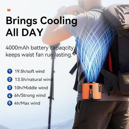 Portable Fan,Rechargeable Waist Fans,11000RPM Strong Airflow Mini Wearable Belt Fan,5 Speed,Personal Clip Waist Fans for Outdoor,Camping,Jobsite,Fishing,Travel (K20-Orange)