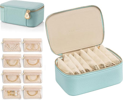 Vlando Travel Jewelry Box Organizer - 8 Small Velvet Zipped Pouches Pockets for Jewelries Necklaces Rings Earrings Sorting Storage, Aqua Blue