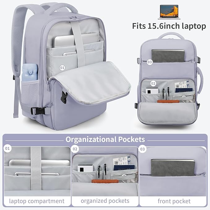ZOMFELT Travel Backpack for Women Men, Carry On Backpack, TSA 15.6inch Laptop Backpack Flight Approved, Personal Item Travel Bag Nurse Bag Casual Daypack for Weekender Business Hiking Trip, Purple