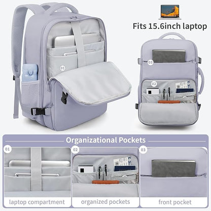 ZOMFELT Travel Backpack for Women Men, Carry On Backpack, TSA 15.6inch Laptop Backpack Flight Approved, Personal Item Travel Bag Nurse Bag Casual Daypack for Weekender Business Hiking Trip, Purple