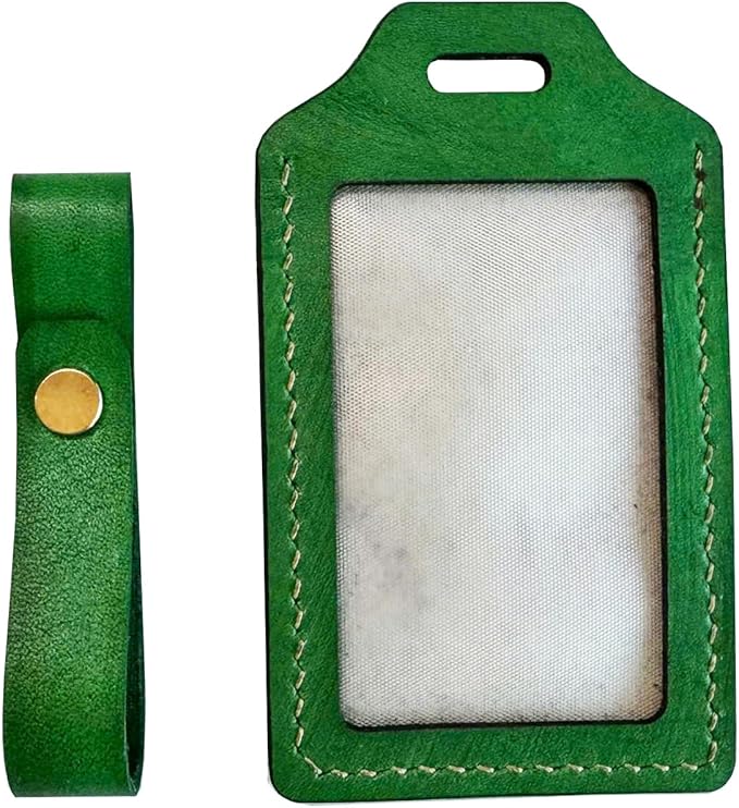 Mayan Corner - Leather Handmade Luggage Tag with UFO Alien Design, Green, ID Window, Brass Hardware