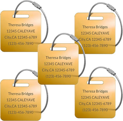 Personalized Luggage Tags - Custom Metal Golden Luggage Tags for Suitcases, Backpacks, Bags - 5 Pack, 2×2 Inches, Made in USA