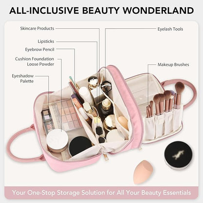 Travel Makeup Bag for Women Fashion Large Capacity Pouch Open Flat Cosmetic Portable Organizer Waterproof Large Opening Storage Toiletry Bags Vertical Free-Standing Brush Holder for Easy Access Pink