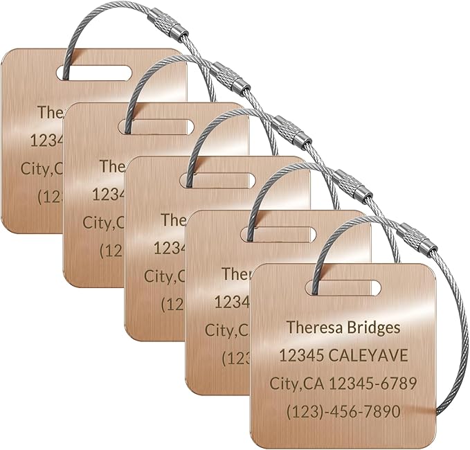 (5pcs) Made in USA Personalized Engraved Luggage tag-Custom Luggage Metal Tags for Unique Suitcase & Backpack Travel, Durable, Waterproof & Heavy Duty ((2×2) Rose Gold)