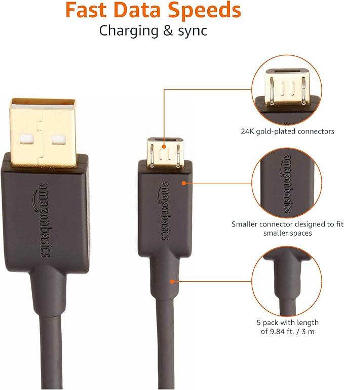 Amazon Basics 5-Pack USB-A to Micro USB Charging Cable, 480Mbps Transfer Speed with Gold-Plated Plugs, USB 2.0, 10 foot, Black