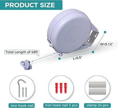 JS HANGER Retractable Clothesline Outdoor Indoor Laundry Line - 49 FT Single Lines Heavy Duty Wall Mounted Washing Line, Portable Clothes Drying Line with 24pcs Free Pegs