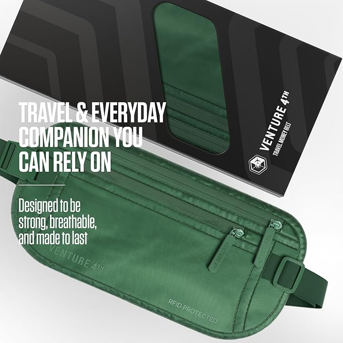 Travel Money Belt, RFID Blocking for Men & Women - Ideal for Keeping Your Cash, Credit Card, Passport, Phone Safe When Traveling (Sleek Army Green)
