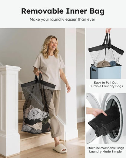 SOLEDI Laundry Hamper with Lid 90L Large & Tall Collapsible Laundry Basket, Clothes Hamper with Bag Removable Easy to Carry, Dirty Hampers for Bedroom, Bathroom, Dorm, College, Blue Grey