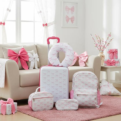 Redbaker 6 Pcs Kids Luggage Set 17 Inch Kids Rolling Luggage Double Pattern Suitcase for Girls Boys School Gift(Pink, 17 Inch, Bow Style)