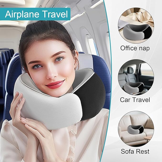 RURING Travel Pillows for Airplanes, 2025 New Travel Neck Pillow Travel Pillow, Neck Pillow Airplane Memory Foam 360 Degree Support Stowable Pillows for Airplanes Offices and Cars (Dark Gray)