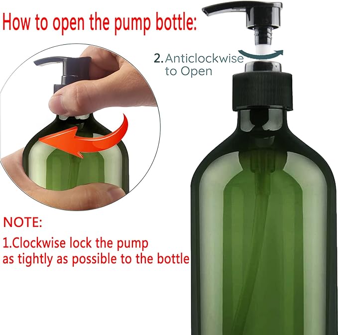 Empty Plastic Bottles with Pump Dispenser and Labels Included, Refillable Travel Containers for Hand sanitizer Shampoo Lotion, etc - No BPA/Parabenf, 500ml/16.9oz (Green, 3 Pack)