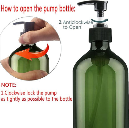 Empty Plastic Bottles with Pump Dispenser and Labels Included, Refillable Travel Containers for Hand sanitizer Shampoo Lotion, etc - No BPA/Parabenf, 500ml/16.9oz (Green, 3 Pack)