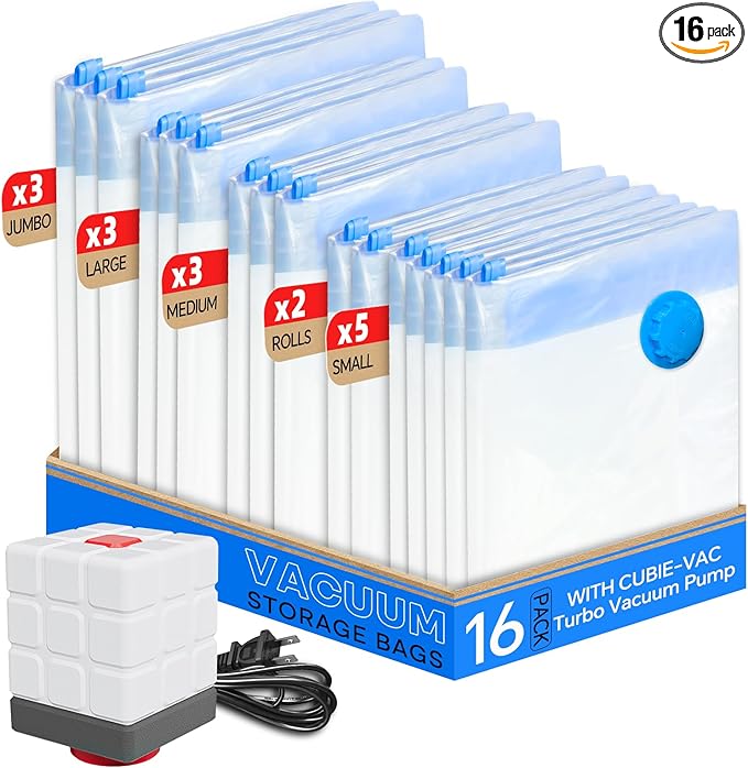 Vacuum Storage Bags for Clothing, 16 Pack Vacuum Seal Bags (3 Jumbo, 3 Large, 3 Medium, 5 Small, 2 Roll) for Clothes Comforters Blankets, Space Saver Bag with Electric Pump (2025 Upgrade)