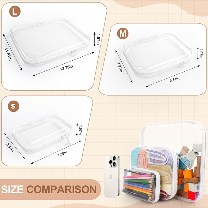 3PCS Clear Hard Shell Zipper Case,Toy Organizers and Storage Box,Clear Toiletry Cosmetic Case,Travel Makeup Bags, Diaper Bag Organizer,Pencil Case,Stackable Portable Transparent Zipper Pouches White-S