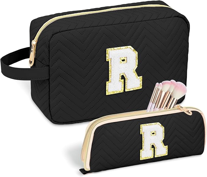 Personalized Initial Makeup Bag Trendy Stuff Leather Waterproof Cosmetic Bag Travel Toiletry Bag, Christmas/Thanksgiving/Halloween Gifts Makeup Organizer Case for Women Girls Mom Girlfriend Wife