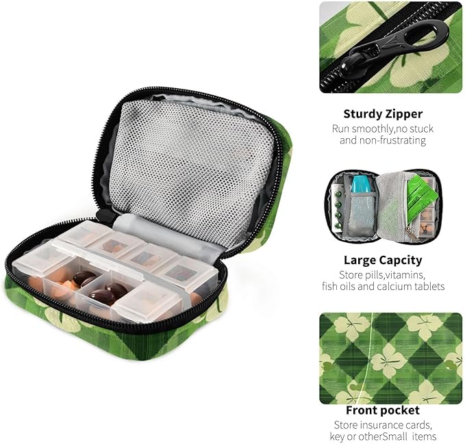 Green Plaid Clovers St. Patrick Cute Pill Organizer Weekly Travel Pill Box 7 Day Large Capacity Pill Dispenser Case with 8 Pill Container Daily Pill Box Organizer Vitamin Holder Pill Bot