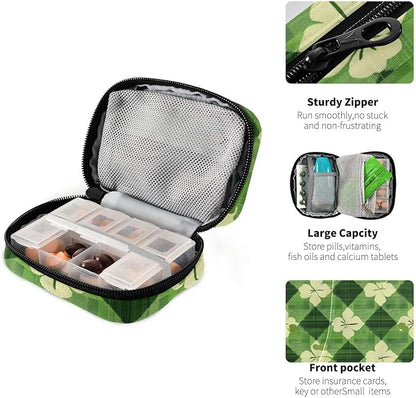 Green Plaid Clovers St. Patrick Cute Pill Organizer Weekly Travel Pill Box 7 Day Large Capacity Pill Dispenser Case with 8 Pill Container Daily Pill Box Organizer Vitamin Holder Pill Bot