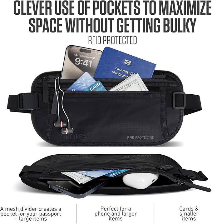 Travel Money Belt, RFID Blocking for Men & Women - Ideal for Keeping Your Cash, Credit Card, Passport, Phone Safe When Traveling (Sleek Black)