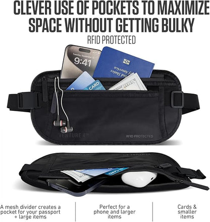 Travel Money Belt, RFID Blocking for Men & Women - Ideal for Keeping Your Cash, Credit Card, Passport, Phone Safe When Traveling (Sleek Black)