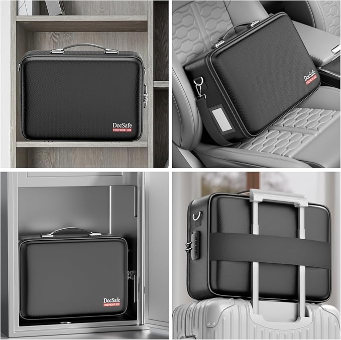 DocSafe Fireproof Document Box with Lock＆Shoulder Strap, Hard-Shell Case File Organizer with Accordion File Folder, Multi-Layer Portable Home Office Travel Safe Storage for Important Documents Laptop