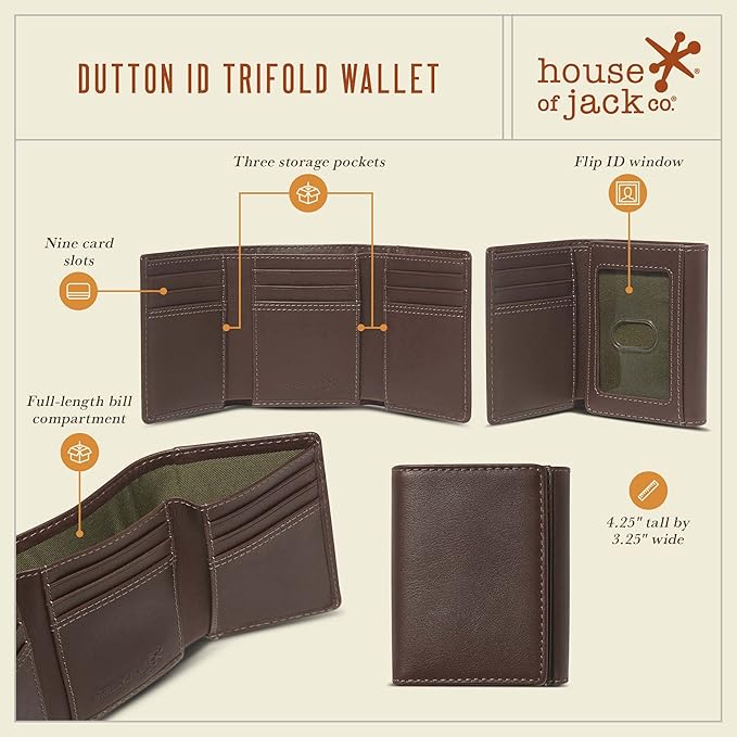 House of Jack Co. Dutton RFID Trifold Wallet for Men with Flip Out ID, Full Grain Cowhide Leather Wallet, Brown