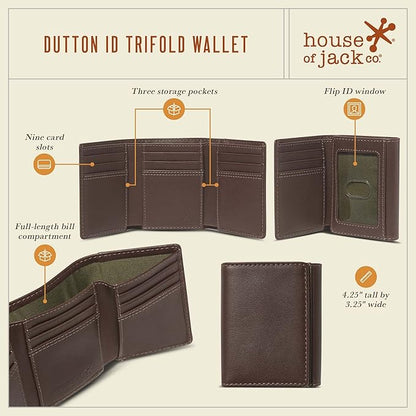 House of Jack Co. Dutton RFID Trifold Wallet for Men with Flip Out ID, Full Grain Cowhide Leather Wallet, Brown