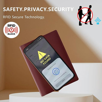 Genuine Leather Passport Holder Wallet Cover for Women,Rfid Travel Wallet Passport Document Holder with Zipper Pocket & Transparent Window Gift for Women - Wine Red