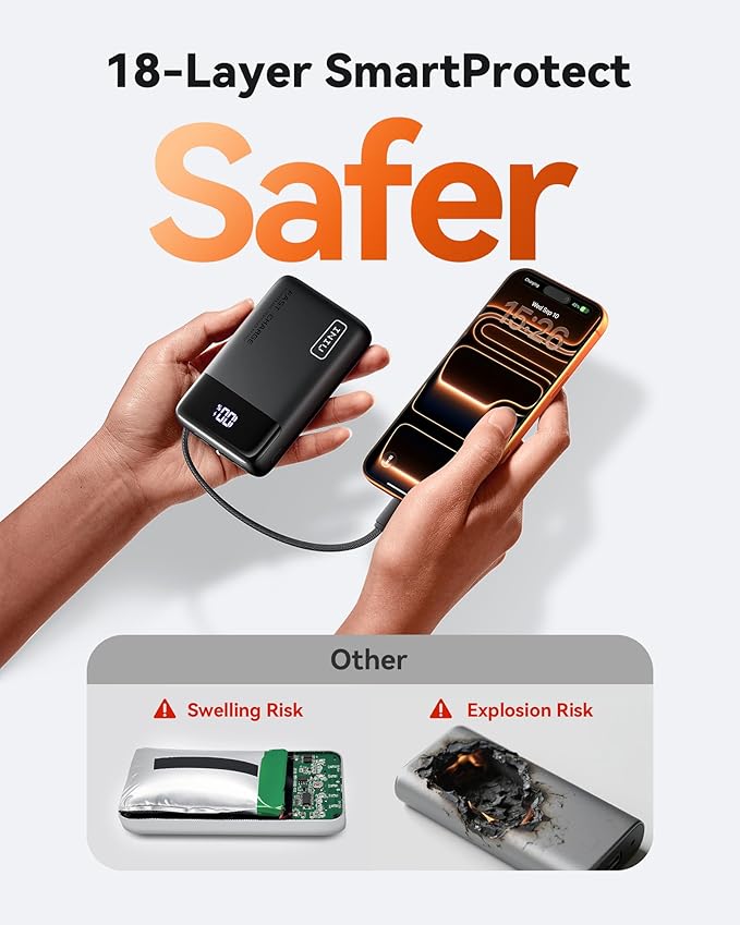 INIU 45W Portable Charger, Smallest 20000mAh Power Bank with Build in USB-C Cable, Fast Charging USB C in&Out Battery Pack, Travel Phone Charger for iPhone 17 16 15 Air Samsung S25 S24 Google iPad etc