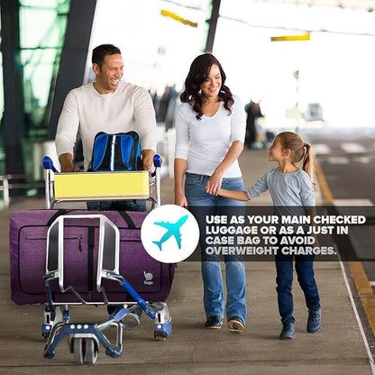 Bago Large Foldable Duffel Bags for Traveling Women & Men - 120L Packable Duffle Bag for Travel with Shoe Compartment - Water Repellant, Heavy Duty, Lightweight Folding & Collapsible (SnowDepPurple)