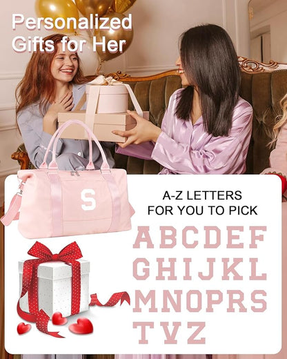 Initial Travel Duffel Bag Sports Gym Bag for Girls Teen Birthday Gifts,Pink Personalized Weekender Bag Carry On Tote Bags for Women Men,Waterproof Overnight Luggage Bag with Trolley Sleeve(Letter S)